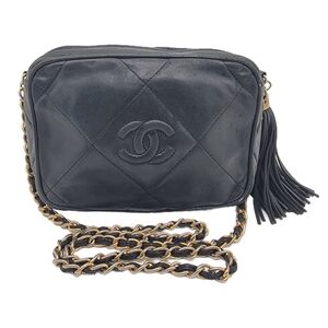 CHANEL PURSE CROSSBODY WITH TASSEL BLACK DIAMOND PATTERN AUTHENTIC